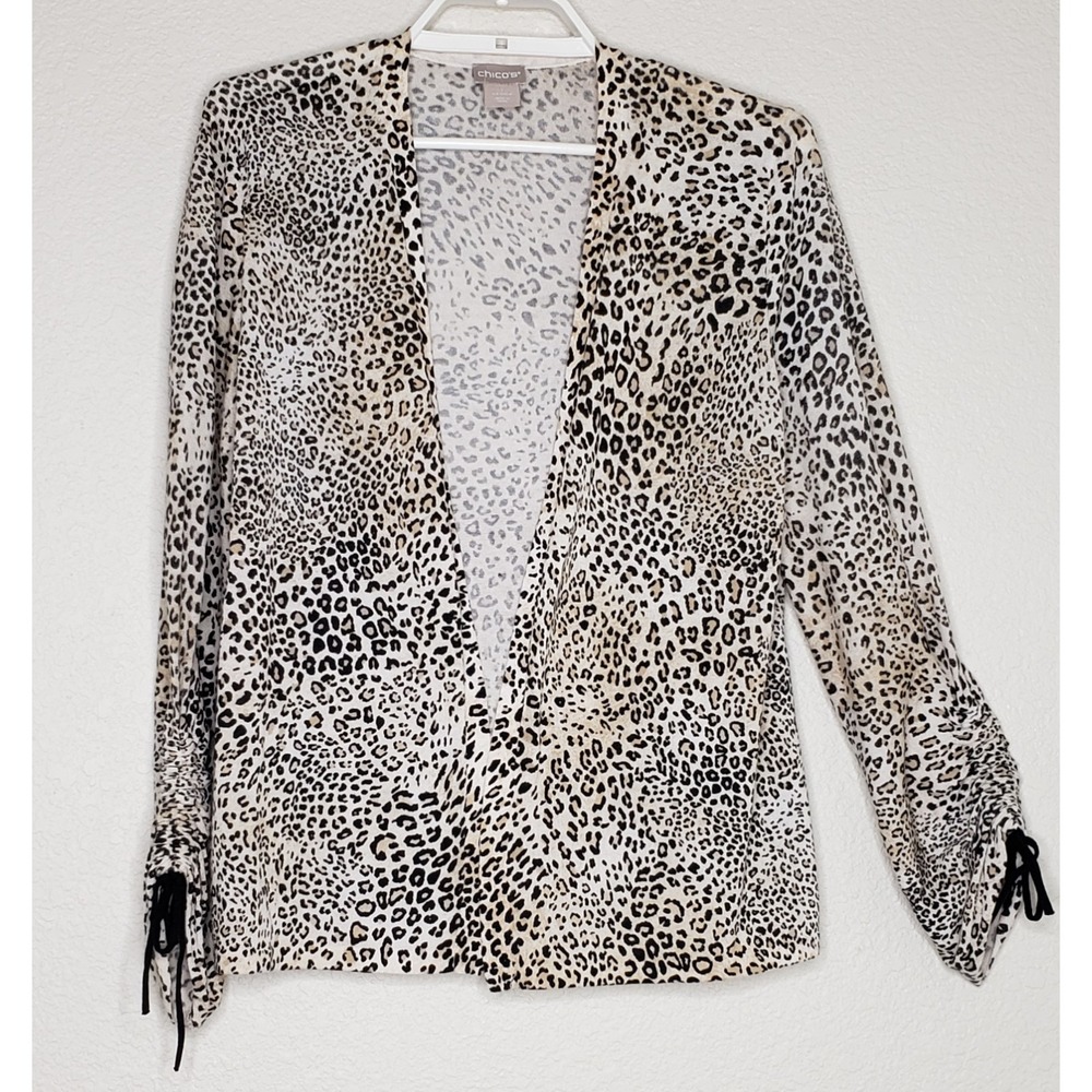 Chico's Open Front Sweater Cardigan Sz 1 Medium Animal Print V-Neck Lightweight